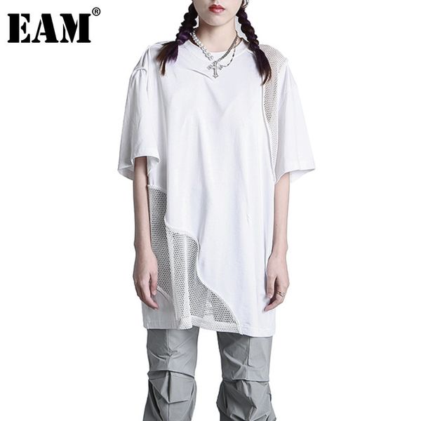 

[eam] women white big size spliced mesh irregular t-shirt round neck half sleeve fashion spring summer 1dd7678 21512