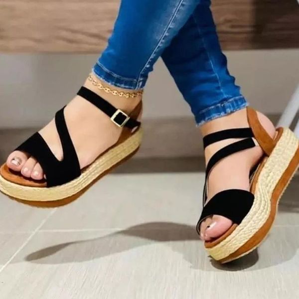 

women peep toe sandals woman buckle metal platform flat female ankle wrap shoes ladies summer fashion plus size, Black
