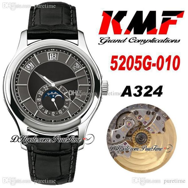 KMF Komplikationen Jahreskalender Cal.324SC Automatik Herrenuhr 5205G-010 Stahlgehäuse Mondphase Schwarzes Zifferblatt Lederarmband Uhren Super Edition Puretime E01a1