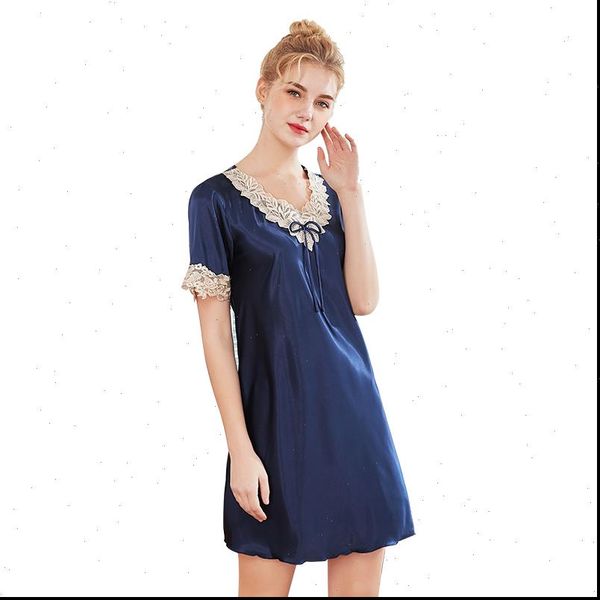 

silk nightgown embroidery womens sleepwears short sleeve shirt summer night dress sleepwear casual home clothes nightie, Black;red