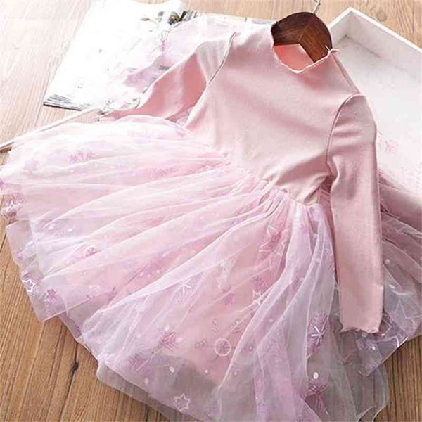 Herbst Mädchen Kleid Winter Baby Europäische Amerikanische Rüschen Langarm Kleidung Stern Net Garn Prinzessin 210625
