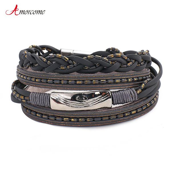 

charm bracelets amorcome ethnic multilayer braided leather female metal bar long wrap bracelet wristband jewelry for women gift, Golden;silver