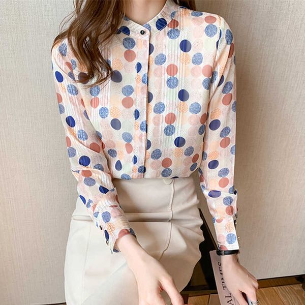 

korean women shirts chiffon blouses long sleeve woman polka dot ladies print blouse plus size 210604, White