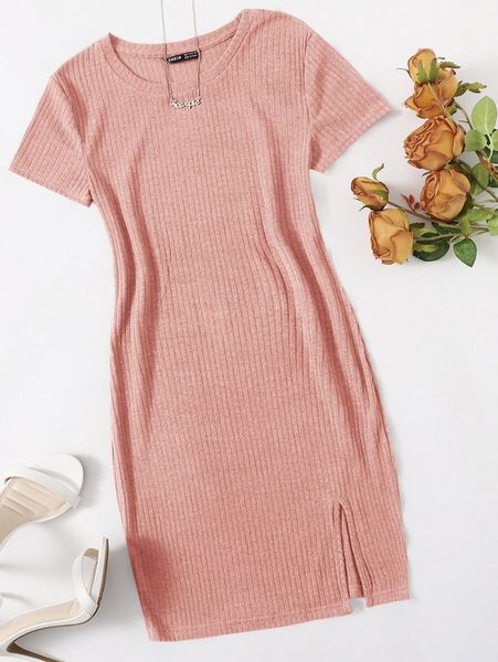 

rib-knit split hem dress g4es#, Black;gray