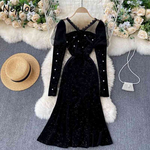

neploe mesh patchwork puff sleeve velvet dress autumn winter new design vestidos chic exquisite beading women dresses 210423, Black;gray