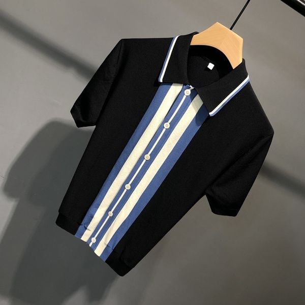 

summer thin color contrast knitted ice silk polo shirt fashion men's slim short sleeve t-shirt casual cardigan fashion, White;black