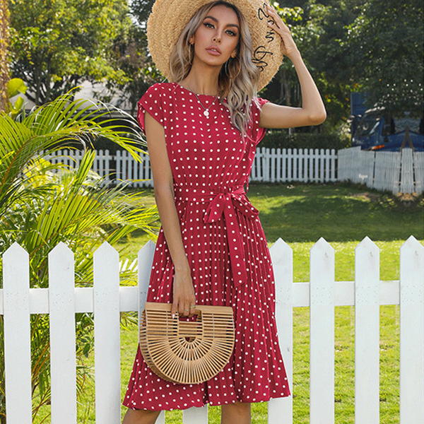 

20212021 summer polka dots short sleeve pleated dresses for women high waist midi elegant office green lady dinner party clothes, Black;gray