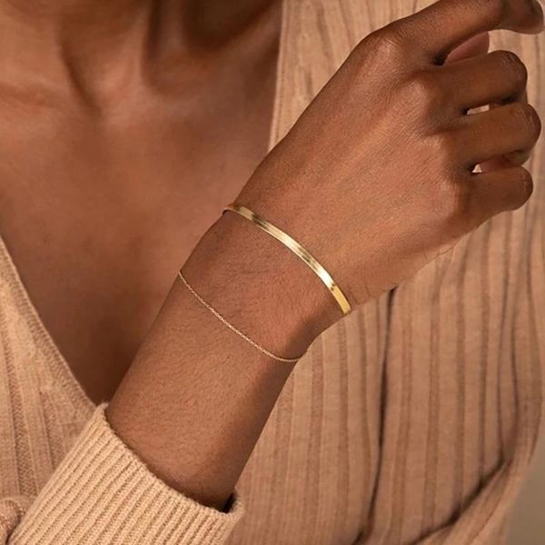 

link, chain stainless steel flat snake bracelets bangle for women herringbone on the hand accessories jewelry 2021 gift kpop, Black