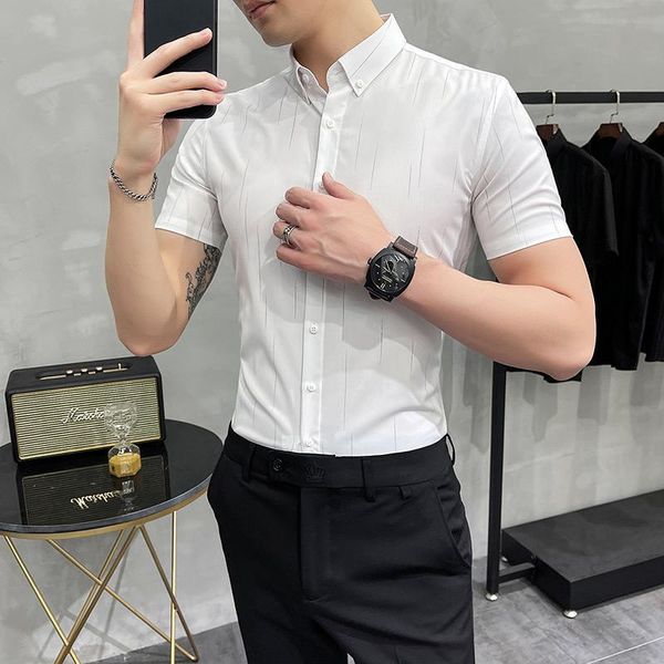 

summer short sleeve dotted stripes shirts for men clothing 2021 simple slim fit casual business formal wear dress men's, White;black