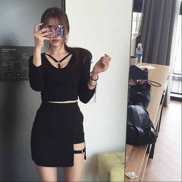 

klv korean mini women skirt asymmetrical saias black high waist jupe design faldas personality party