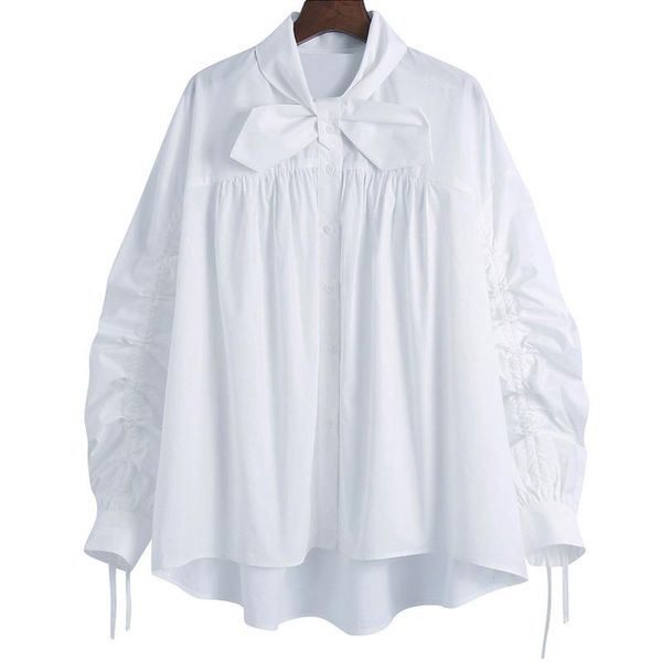 

[ewq] 2021 spring women office lady blouse single breasted bow collar drawstring long-sleeved minimalist loose shirt 8y157 women's blou, White