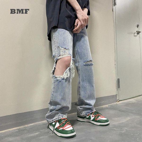 

men's jeans tattered distressed beggar ripped knee hole denim trousers 2021 chic high street western style casual straight pants men, Blue