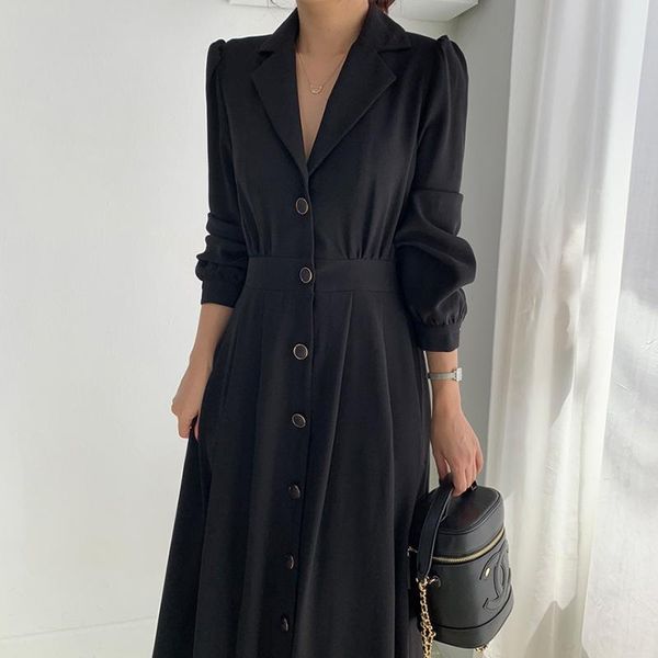 

casual dresses zcsmll white korean turn-down collar single-breasted waist solid color vintage fahsion dress women 2021 summer autumn, Black;gray