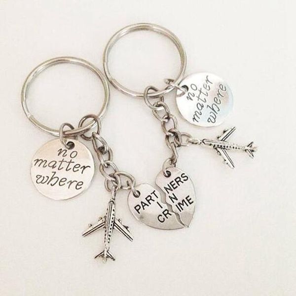 

keychains no matter where partners in crime heart keyring aircraft compass couple key chains bff friendship friend jewelry, Silver