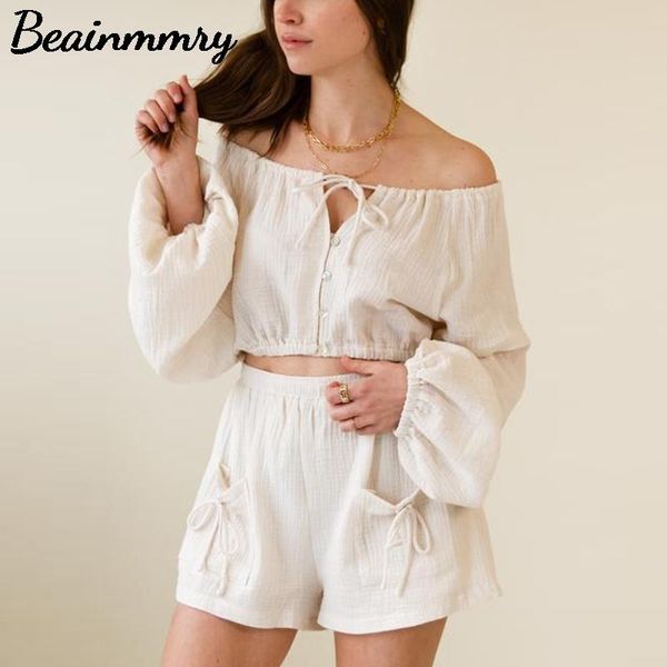

women's tracksuits women summer cotton linen two piece sets casual fashion lace up off shoulder long sleeve crop elastic waist shorts s, Gray