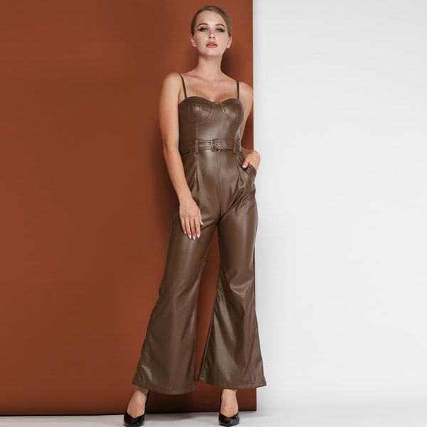 

women's jumpsuits & rompers invogue . imvogue 2021 arrival spaghetti strap pu v neck sashes off the shoulder backless bodycon jumpsuit, Black;white