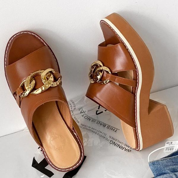 

sandals women's genuine leather chunky heel platform slip-on summer casual slides open toe big chain decoration punk outdoor, Black