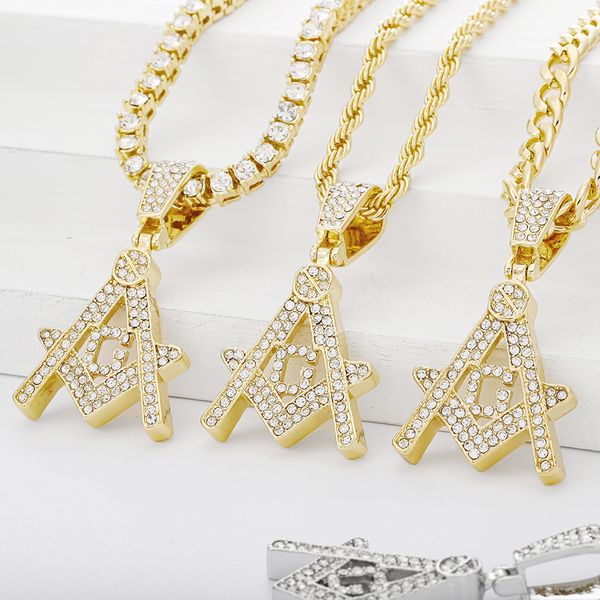 

2PCS2022 Hip Hop Tennis Chain Men Statement Metal Alloy Masonic Logo Pendants Necklaces Women Gold Color Long Chain Necklace Gift