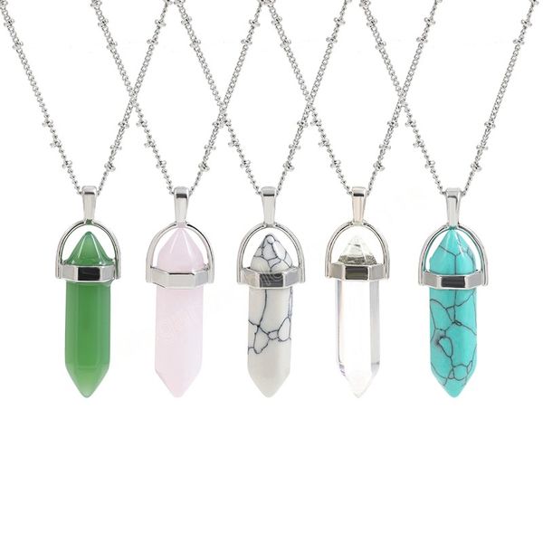 

fashion opal natural stone hexagonal column necklaces for women crystal pendant silver color link chains necklace jewelry