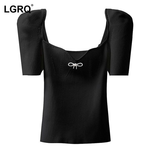 

[lgrq] women black diamond bow knitting skinny t-shirt square neck short sleeve fashion tide spring summer 2021 19d695 women's, White