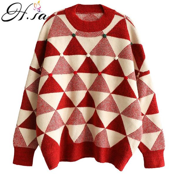 

women's sweaters hsa women winter red and white pullover oneck geometric knit jumpers long sleeve patchwork oversized, White;black