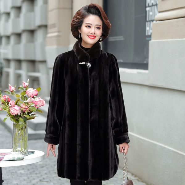 

middle aged and elderly women's winter fur large long mother's imitation mink coat, Black
