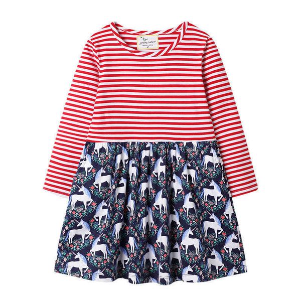 

jumping meters autumn spring unicorn princess dresses for 2-7t girls party children stripe animals print baby dress 210529, Red;yellow