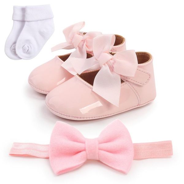 

first walkers autumn baby girl anti-slip casual soft soled bow princes christmas shoes headbands socks set crib 0-18m