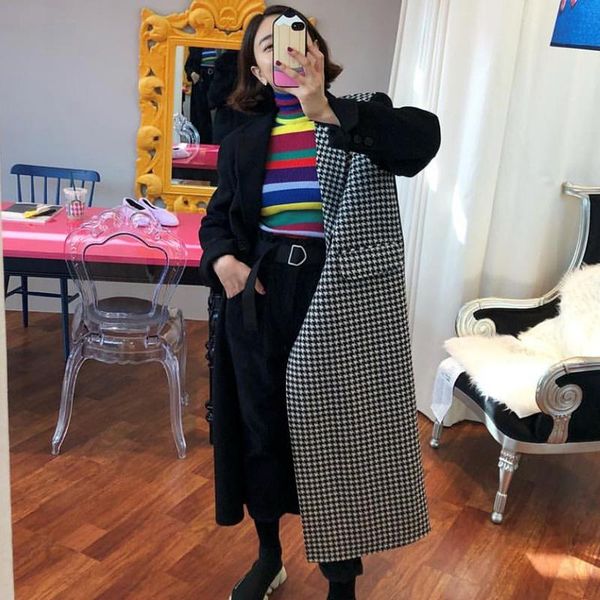 

women's wool & blends [ewq] korea suit collar double breasted black plaid stitching contrast color loose long woolen coat women fashion