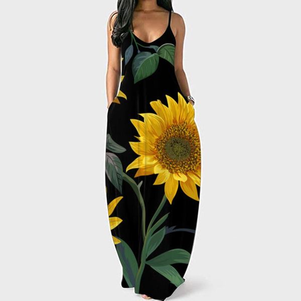 

ethnic clothing women plus size long dresses sunflower o-neck dress 2021 flower print sleeveless floor-length boho vetement femme, Red