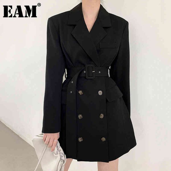 

[eam] women black double breasted temperament dress lapel long sleeve loose fit fashion spring autumn 1db315 21512, Black;gray