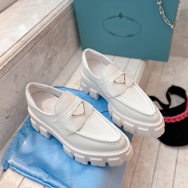 

black paint leather platform loafers pointed toes shoes for women luxury designers triangle logo heavy duty chunky sole monolith luxe lounge