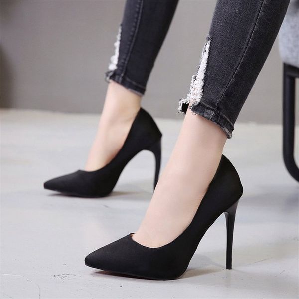

Big Size 35-44 womens shoes 2021 concise flock high heels women pumps pointed toe classic red gray ladies wedding shoes office, Black