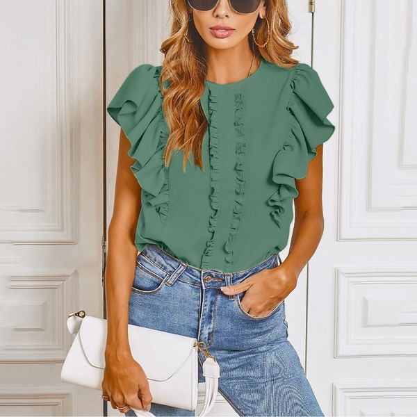 

women's blouses & shirts ruffles womens and casual solid o-neck elegant ladies pullover shirt chemises femme blouse women blusas elega, White