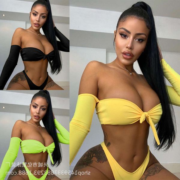 

multicolor long sleeve bikini swimsuit with bow tie, White;black