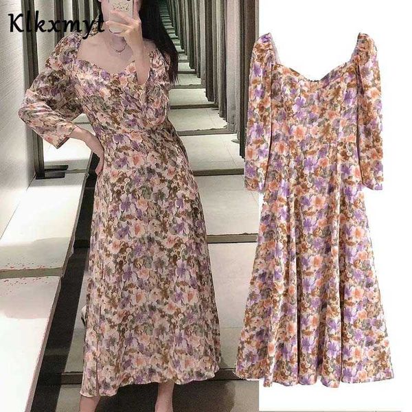 

klkxmyt za summer dress women fashion floral print square collar midi dresses casual side split fork female party vestidos 210527, Black;gray