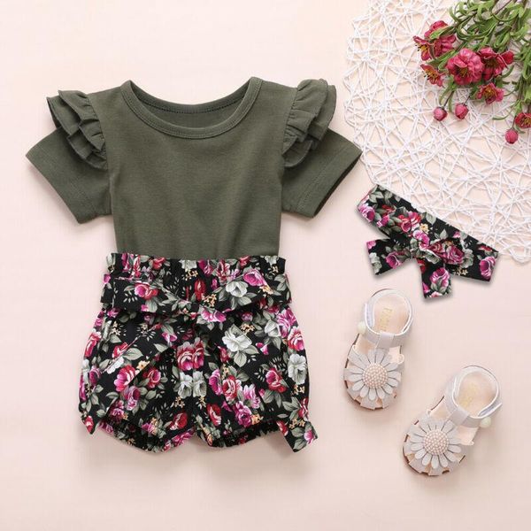 

clothing sets infant baby girl kids romper bodysuit flower pants headband clothes 0-24m, White