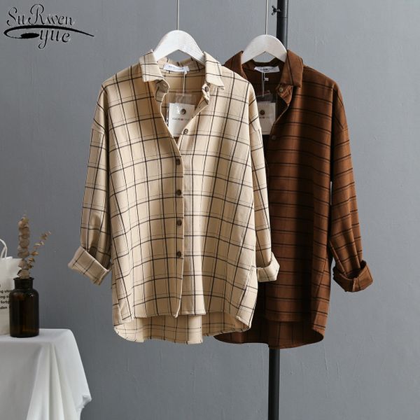 Camicia lunga davanti corta dietro colletto rovesciato Magliette casual Autunno Camicetta da donna oversize con maniche larghe vintage 10870 210427