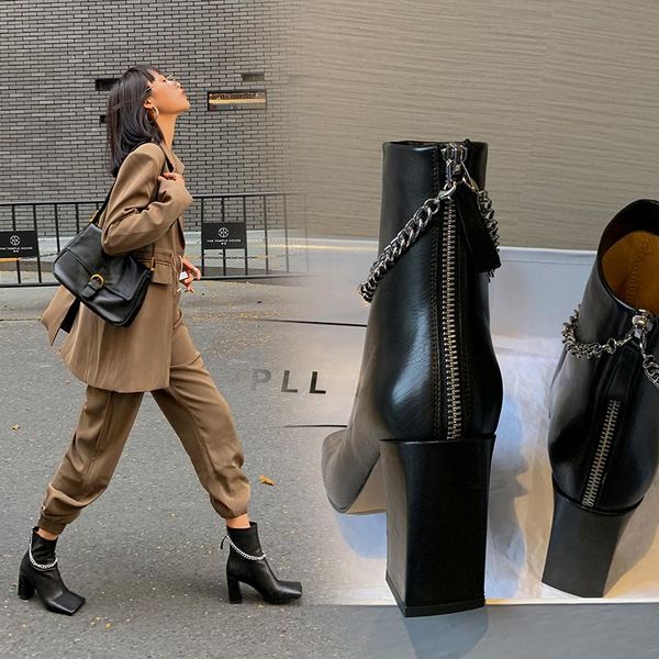 

boots leather high heels fashion women's shoes thick heel short tube square zipper x750, Black