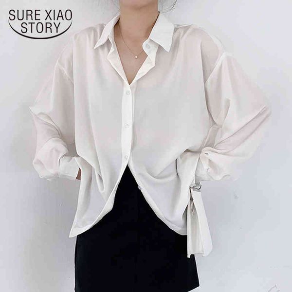 

plus size casual solid long sleeve shirts spring autumn satin silk blouse women button cardigan ladies white 12573 210415