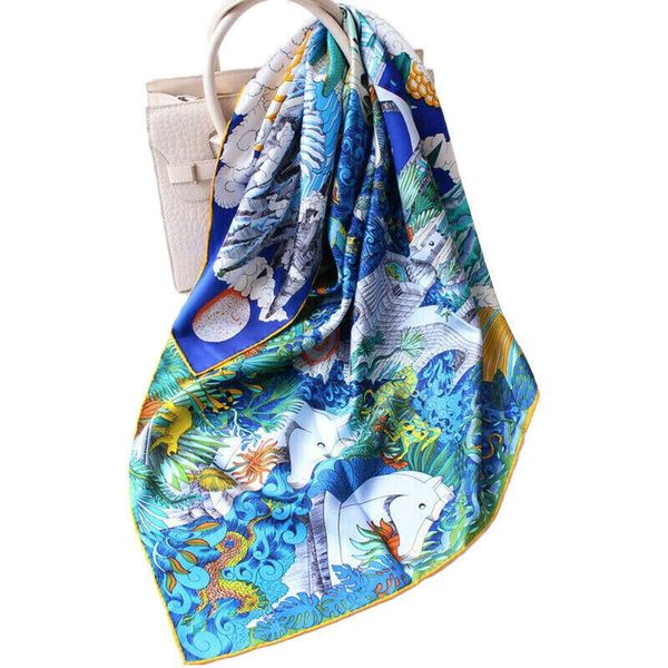 

scarves luxury 100% silk scarf women fashion twill bandana animal castle print hijab stole square kerchief shawl 90*90cm, Blue;gray