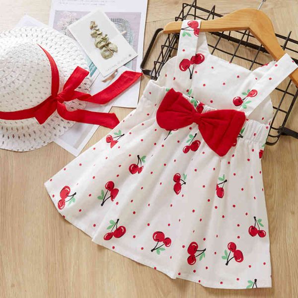 Melario Abbigliamento per bambini Abbigliamento per neonata Abbigliamento per feste estive per ragazze Abito Cherry Dot Abiti da principessa Cappello con fiocco Abiti 210412