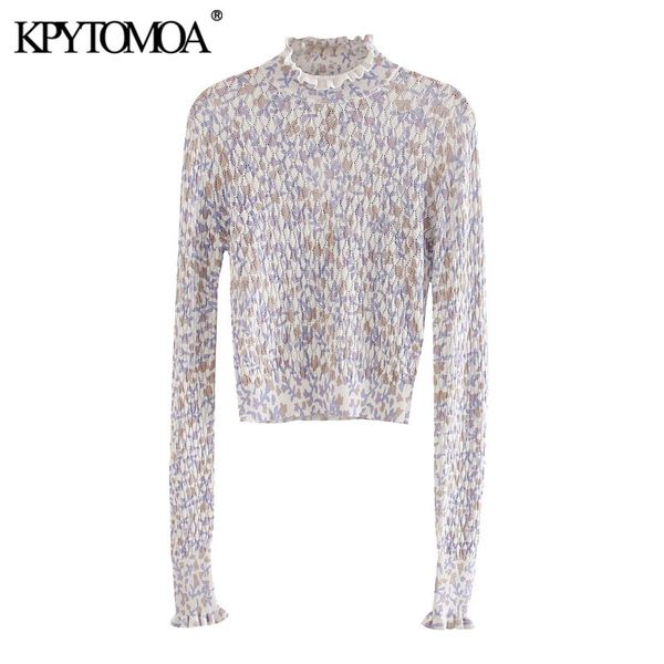

women fashion printed knitted sweater vintage high collar long sleeve female pullovers chic 210416, White;black