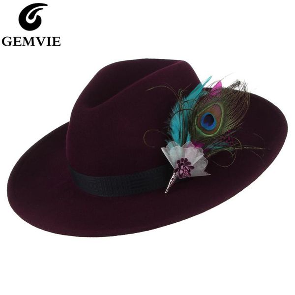 

brand 100% wool 4 colors stiff wide brim women man fedora felt hat striped feather band winter panama jazz cap hats, Blue;gray