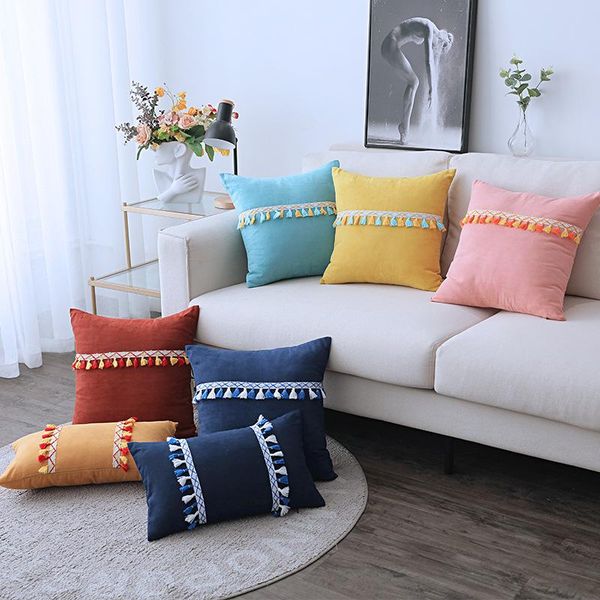 

piece of solid color plush pillowcase 30x50cm / 45x45cm with two-color fringe lace ethnic decorative cover cushion/decorative pillow