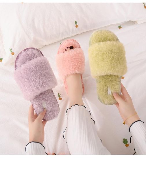 

white furry slippers home faux wool fur women slides ladies indoor flip flops with plush house shoes color, Black