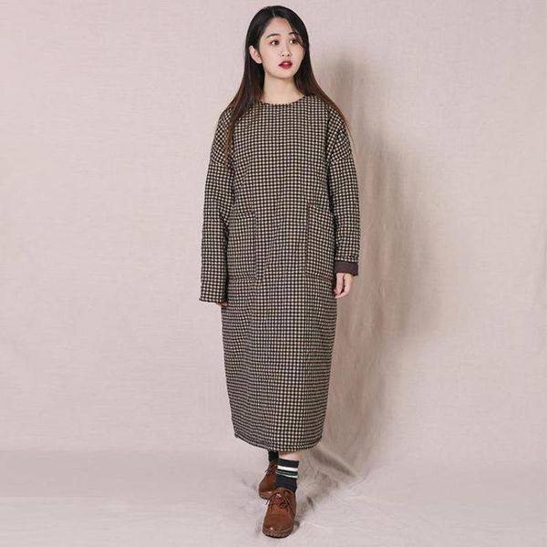 

johnature cotton linen vintage winter plaid o-neck womens plus size thick cotton dress simple comfortable women dresses 210521, Black;gray