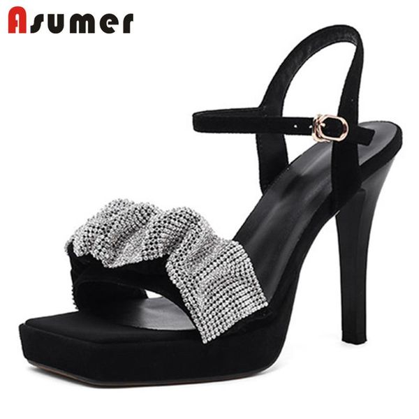 

dress shoes asumer 2021 est women sandals suede leather thin high heels crystal party wedding platform, Black