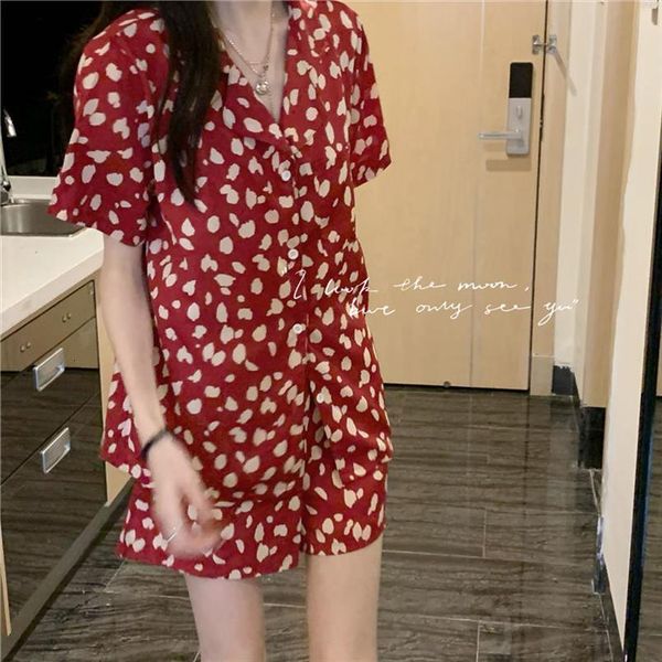 

qweek pajamas summer night womens sleepwears home suit red print pyjamas two piece sets pijamas sleepwear nightwear clothe shorts, Black;red