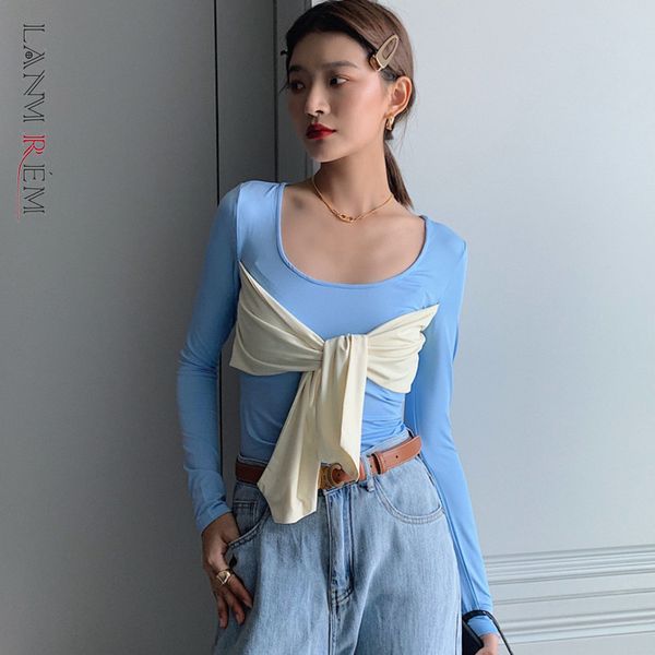 

bow tie bottomed t-shirt cute contrast color slim blue spring and autumn fashion clothes 2d1177 210507, White